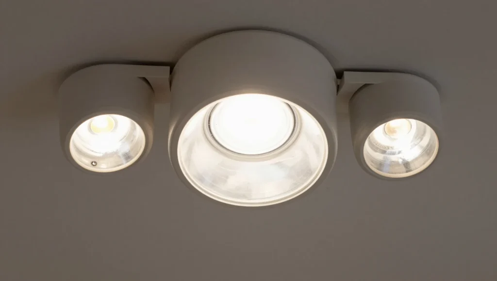 Detailaufnahme montierter LED-Einbauspots im Neubau.