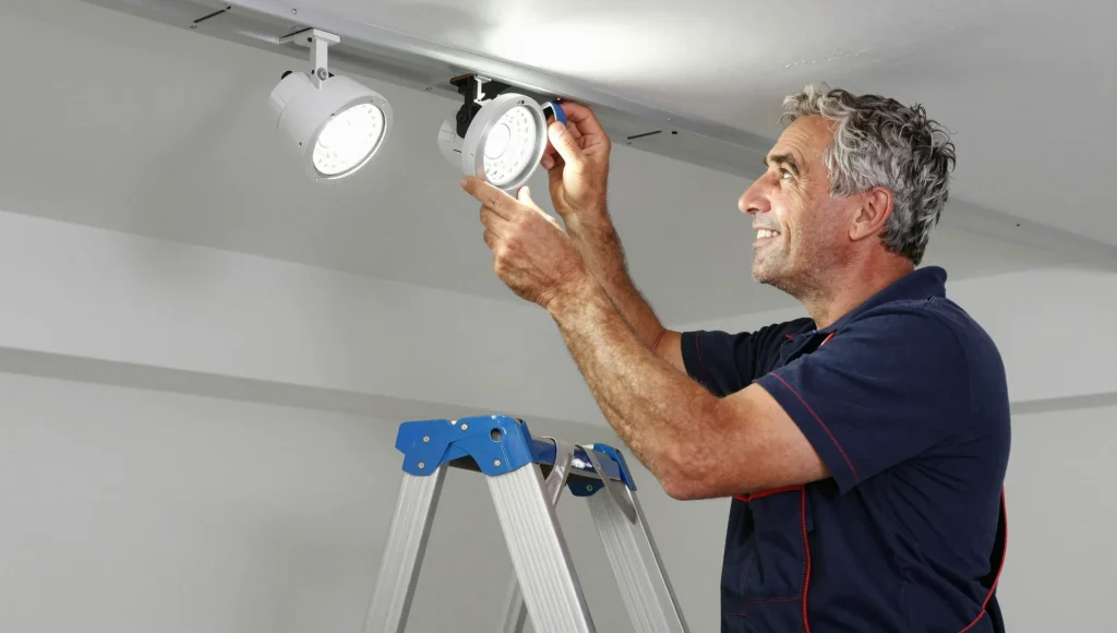 Montage von LED-Einbauspots an der Decke.