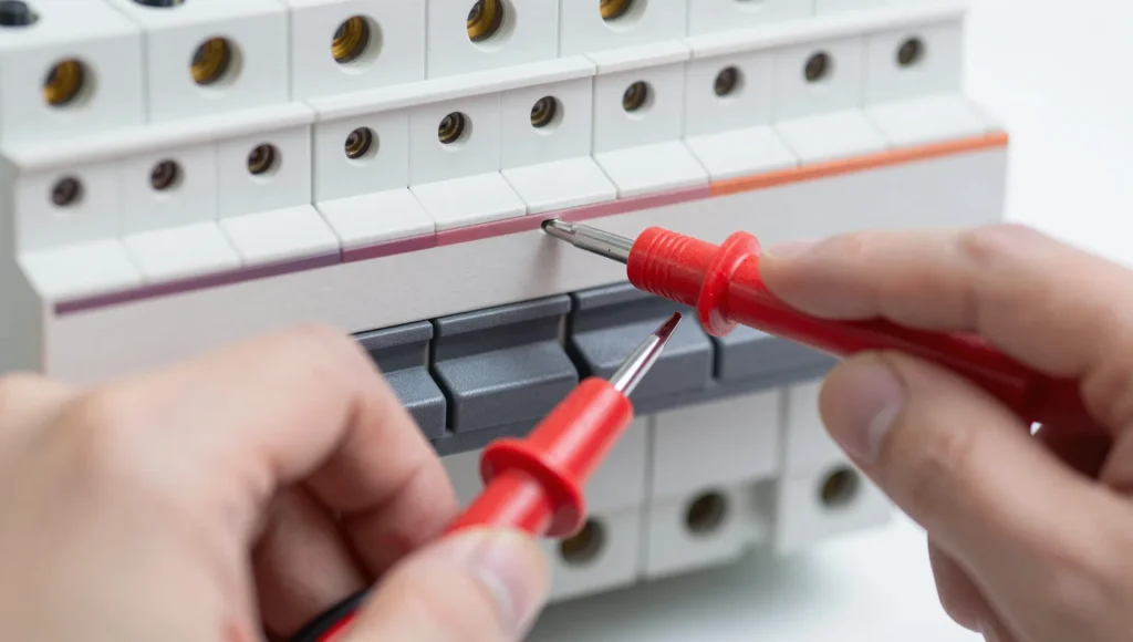 Spannungsprüfer im Einsatz an einer Elektroinstallation.