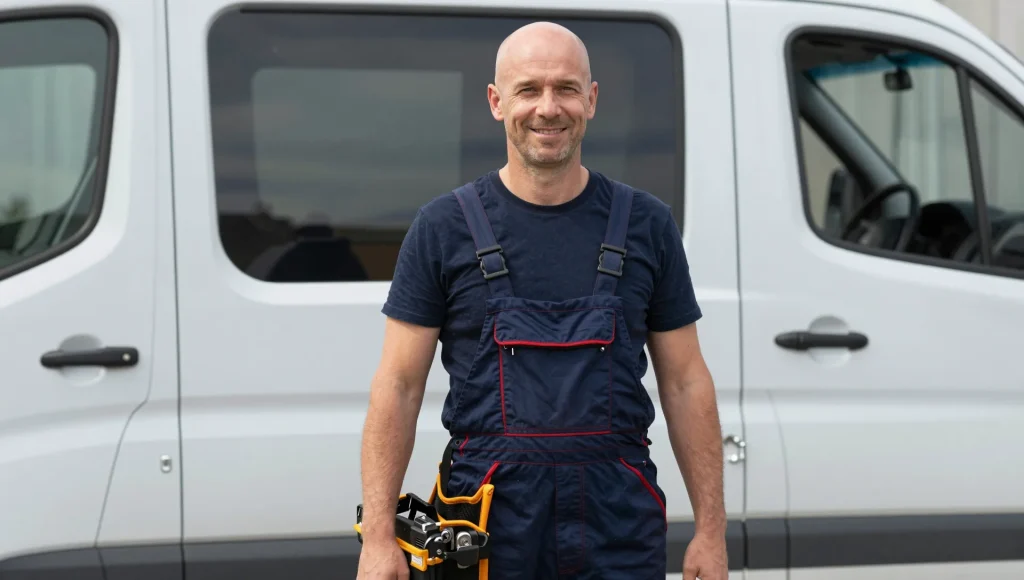 Zwei Elektriker am Servicefahrzeug vor einem Einsatz.
