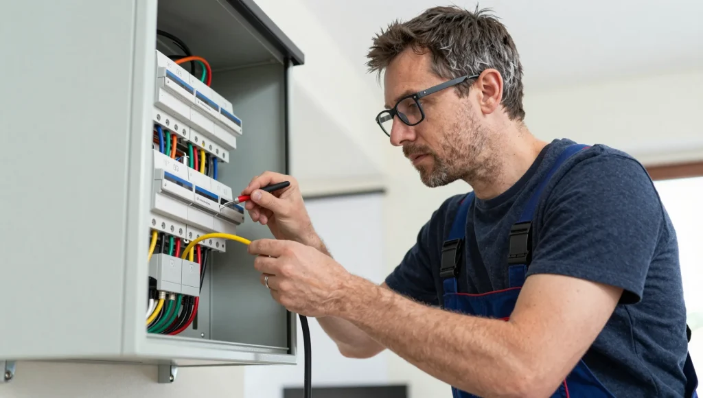 Verkabelung in einem Verteilerschrank während der Modernisierung.